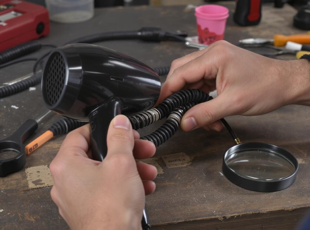Person inspecting retractable cord hair dryer to assess repair potential