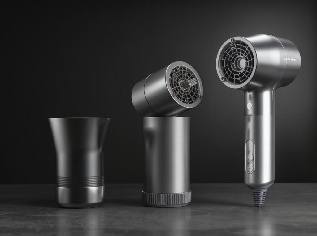 Hair dryer motor comparison showing basic AC motor, DC motor, and advanced brushless motor technology