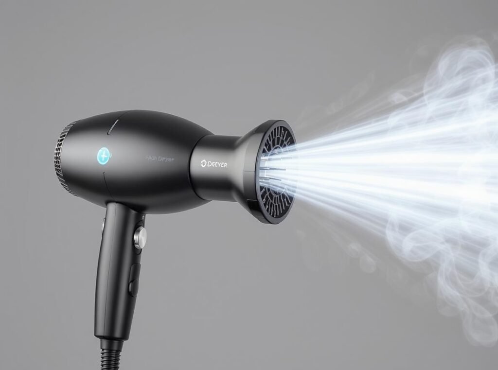 Professional dog dryer showing high-velocity airflow patterns and nozzle attachments