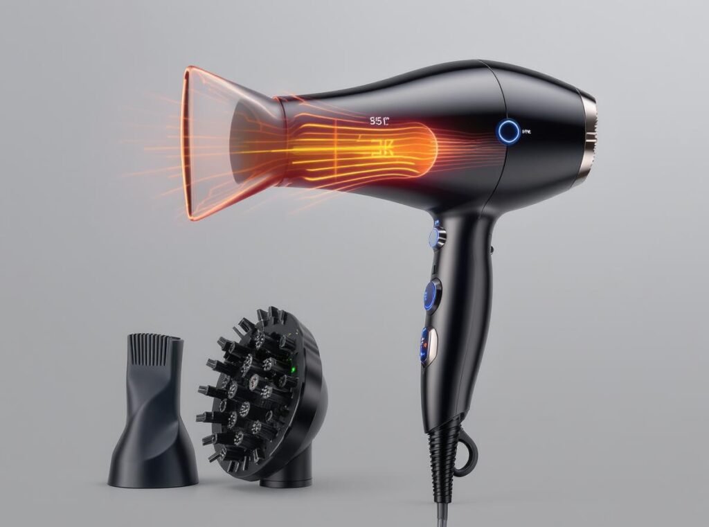Hair dryer temperature measurement showing 140-200°F heat output range
