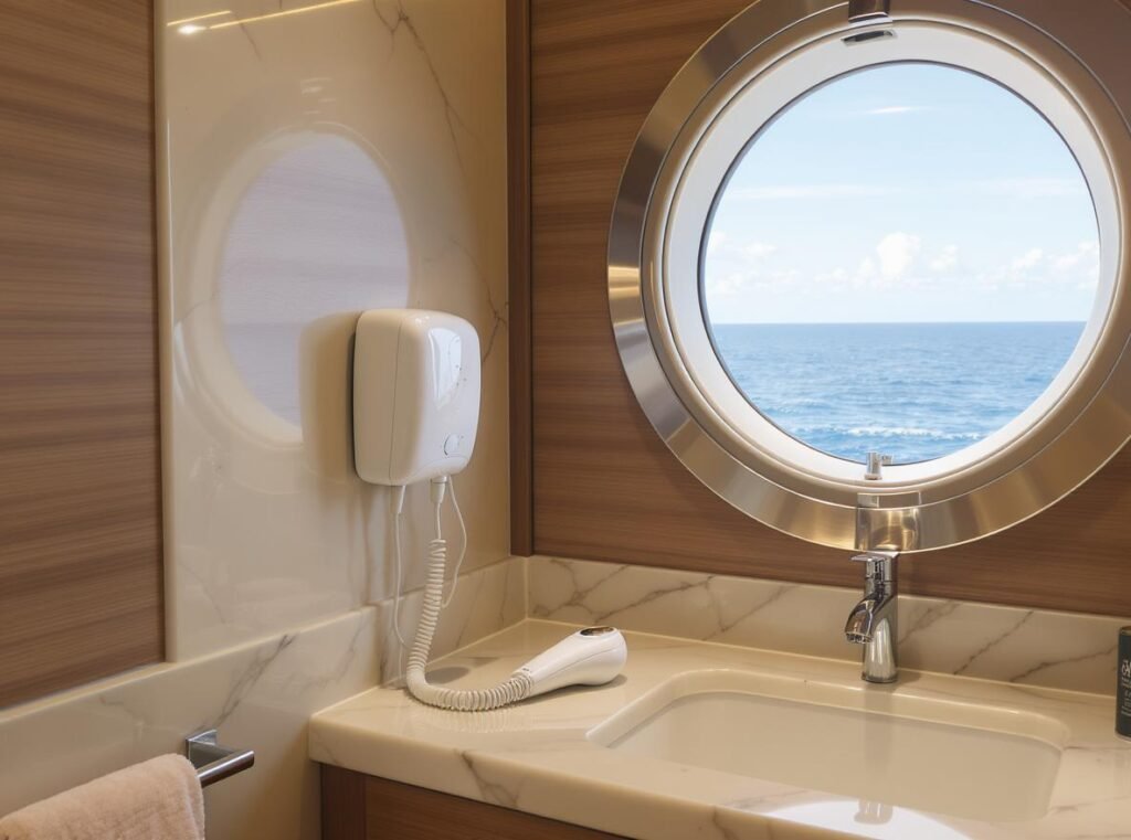 Cruise ship cabin bathroom with wall-mounted and personal hair dryers