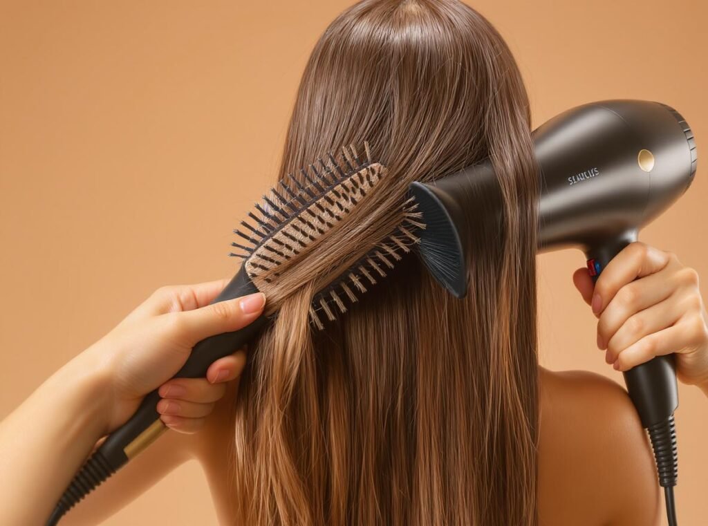 Professional hair drying technique using boar bristle brush for natural oil distribution