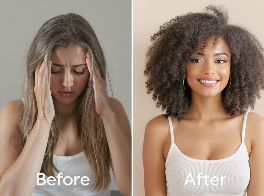 Before and after comparison showing benefits of scalp massage hair dryer use