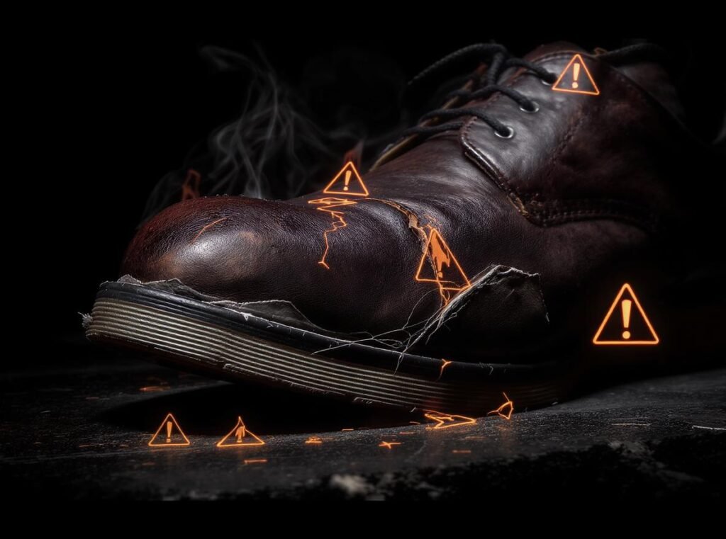 Heat damaged shoe showing cracks, sole separation, and warping from hair dryer use