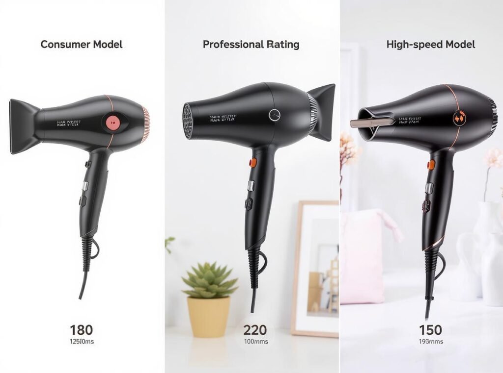 Comparison of different hair dryer types showing varying amperage requirements