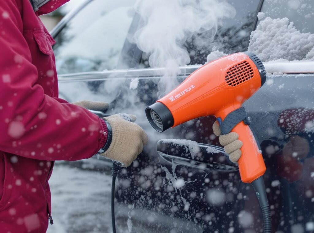 Person using hair dryer to defrost frozen car door lock with steam rising