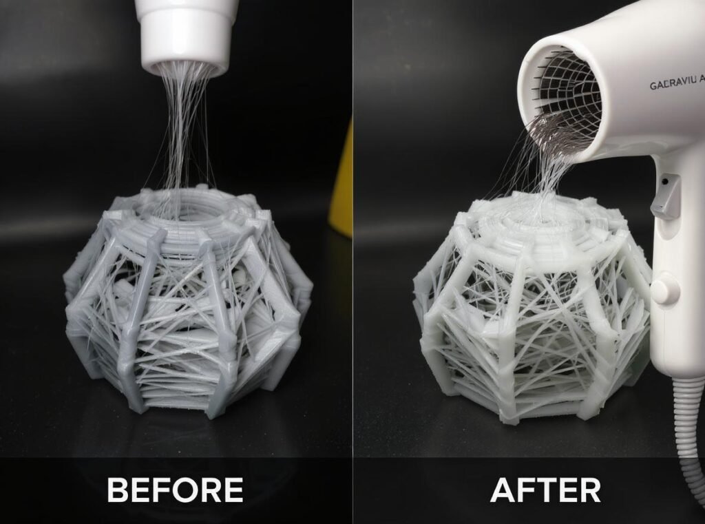 Before and after comparison of 3D print stringing removal using hair dryer
