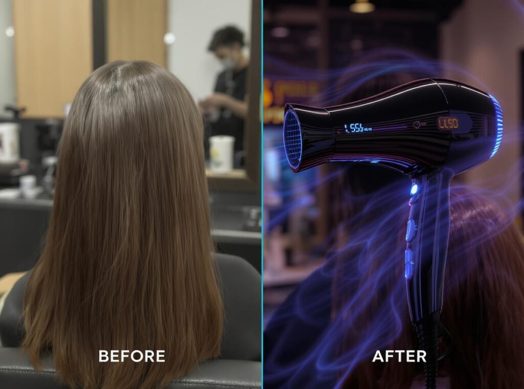Comparison between traditional hair dryer and modern LED display hair dryer showing performance differences