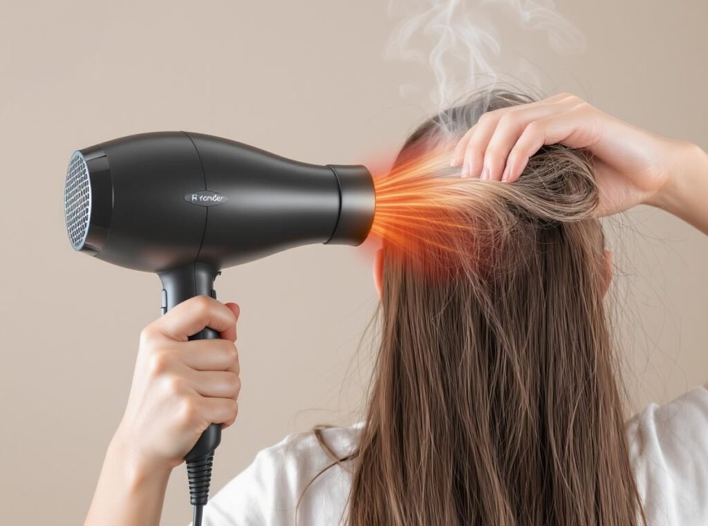 Traditional hair dryer creating static electricity by stripping moisture from hair with hot air