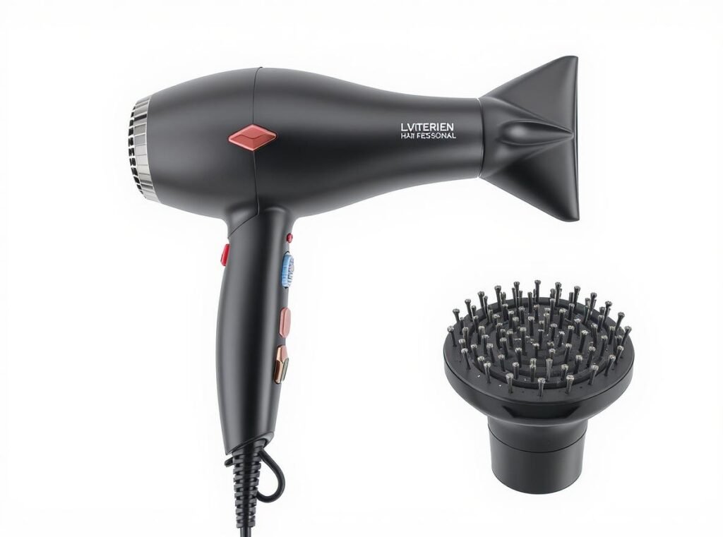 Essential hair dryer features for curtain bangs including concentrator nozzle and round brush