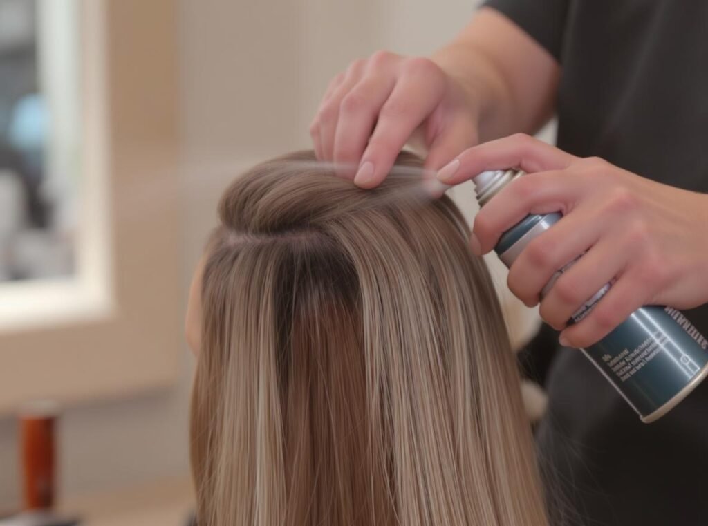 Professional demonstration of proper heat protectant application technique on sectioned hair