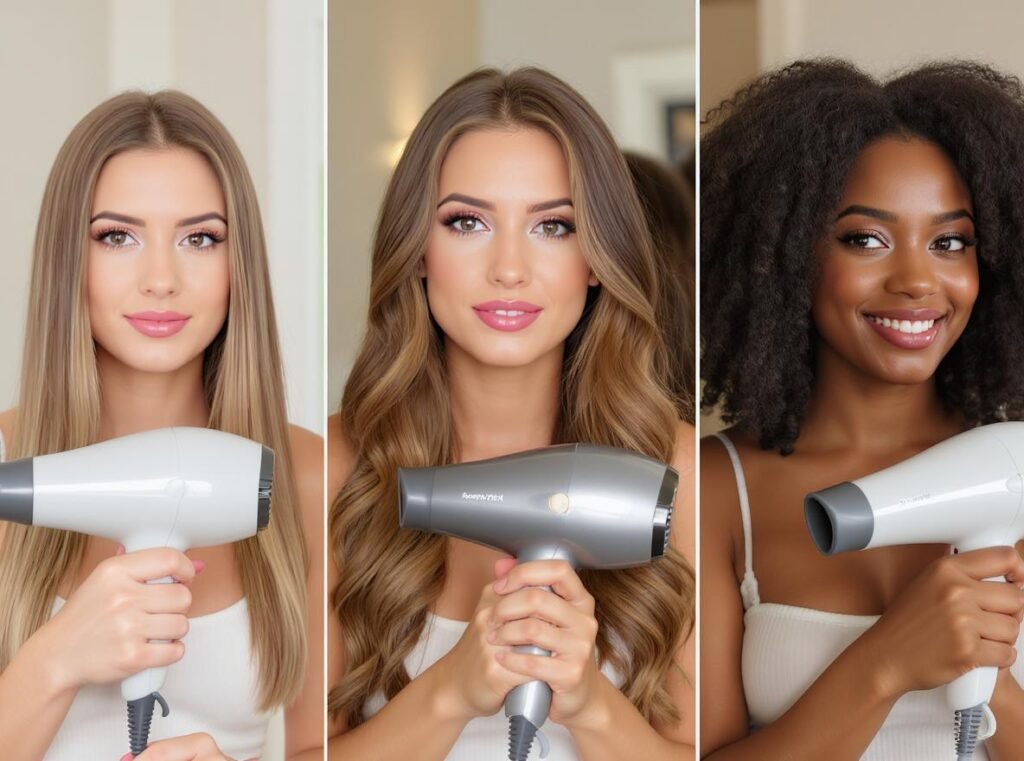 Women with different hair types using appropriate hair dryers for optimal results