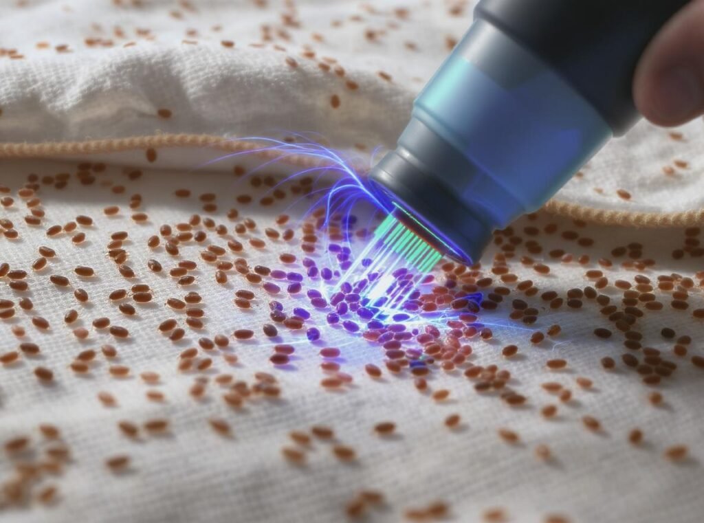 Bed bugs on fabric with hair dryer showing limited effectiveness for pest elimination