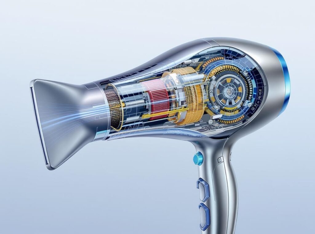 Technical cutaway diagram of high-speed hair dryer showing brushless motor and internal components