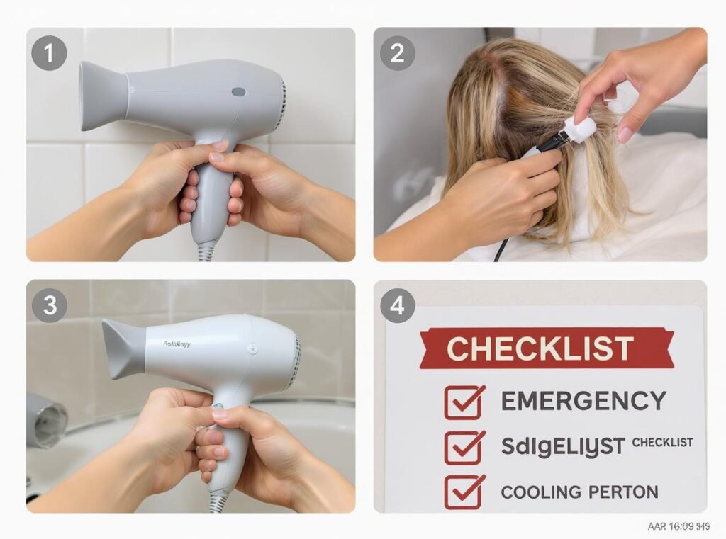 Emergency response steps for burning hair dryer - unplug and cool down