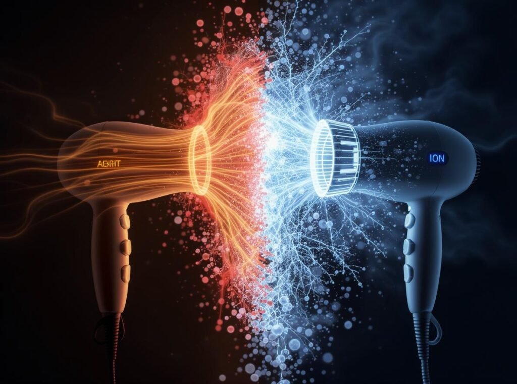 Ionic hair dryer vs regular dryer comparison showing negative ion technology