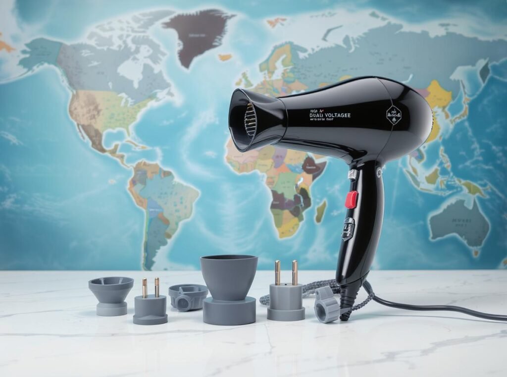 Dual voltage hair dryer with international plug adapters for global travel