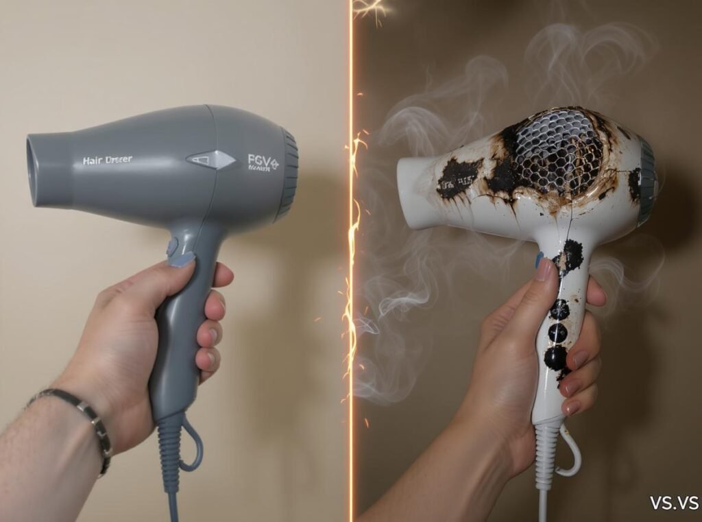 Comparison of normal hair dryer versus damaged hair dryer showing warning signs