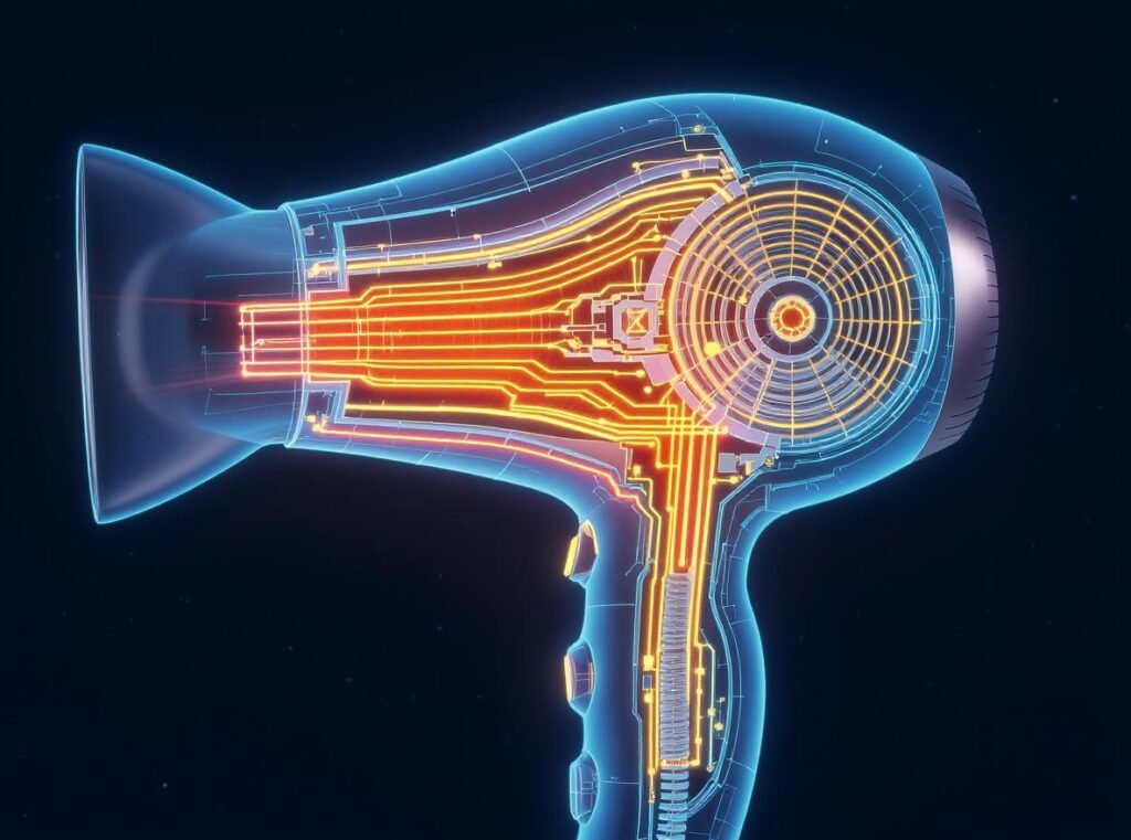 Hair dryer internal components showing heating elements and motor that consume electricity