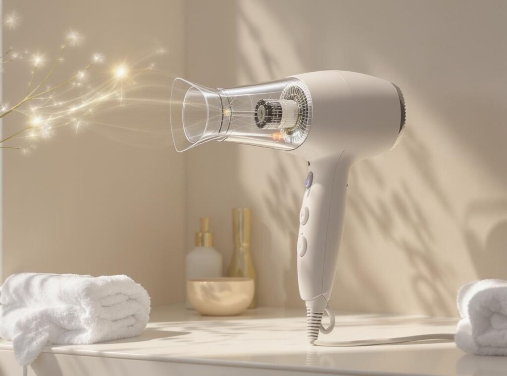 DC motor hair dryer in home setting showing lightweight compact design