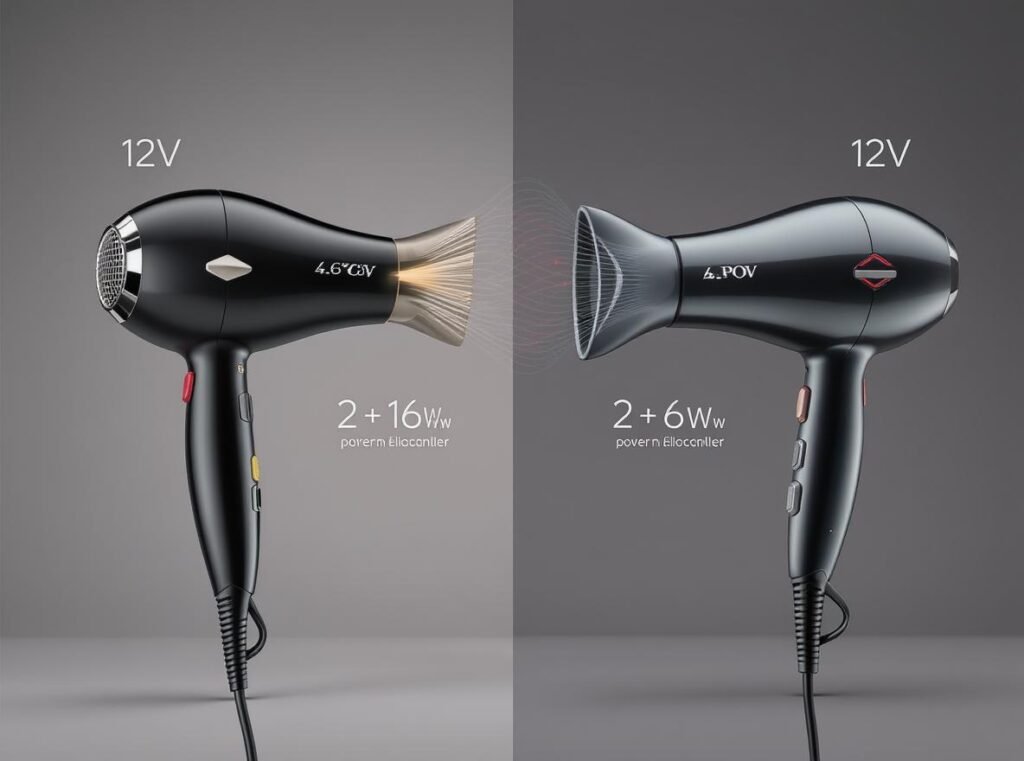 Side-by-side comparison of 12-volt hair dryer versus standard AC hair dryer