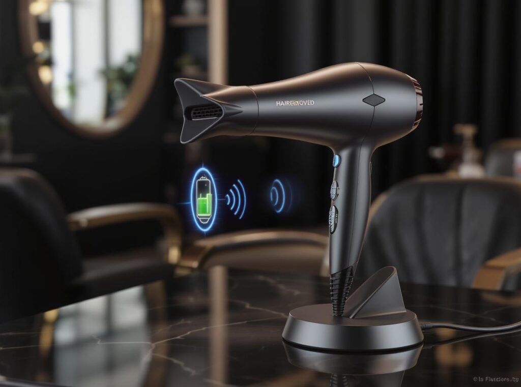 Cordless hair dryer with 4-hour battery life and wireless charging technology