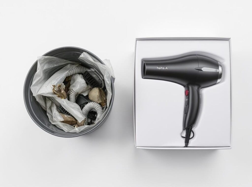 Old damaged hair dryer being replaced with new modern hair dryer