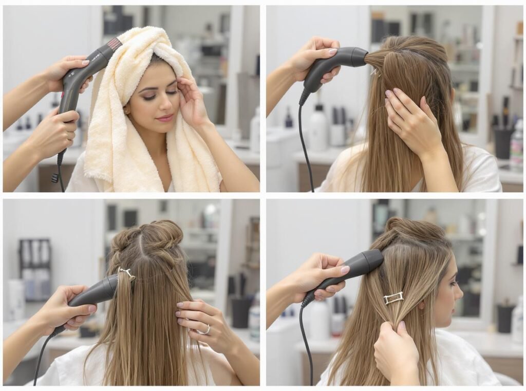 Step-by-step hair drying process before straightening tutorial