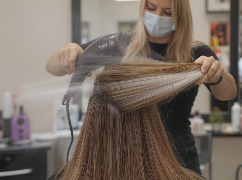 Woman easily styling hair with hot air brush showing convenience and simplicity