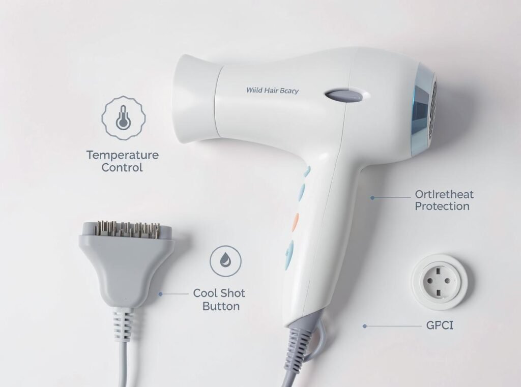 Child-safe hair dryer with safety features highlighted and labeled