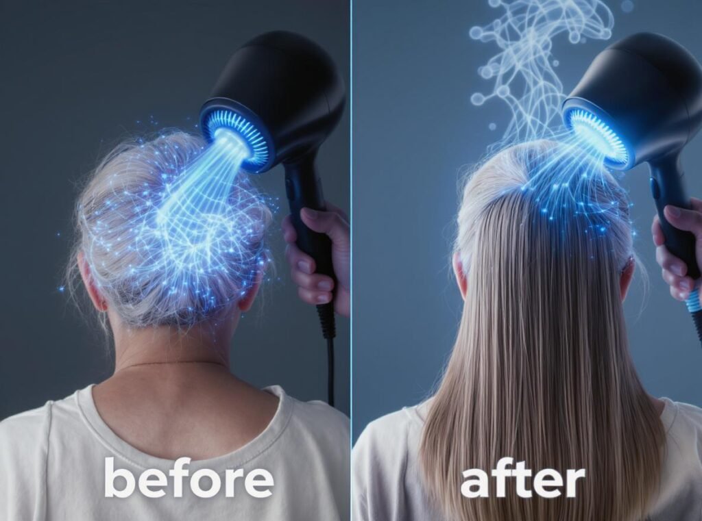 Ionic technology visualization showing hair improvement for elderly users