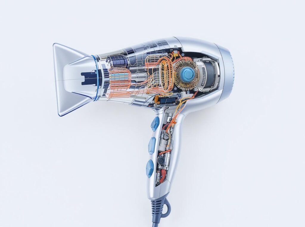Hair dryer features diagram showing ionic technology and ceramic heating elements