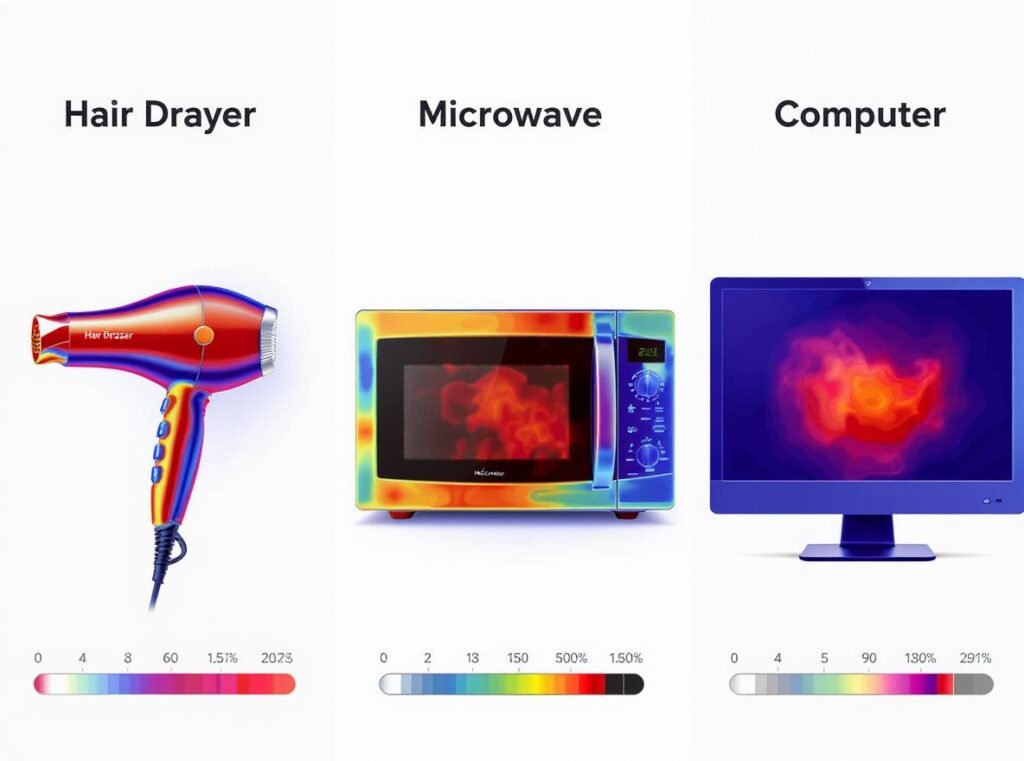 EMF level comparison chart showing hair dryer electromagnetic fields versus other household appliances