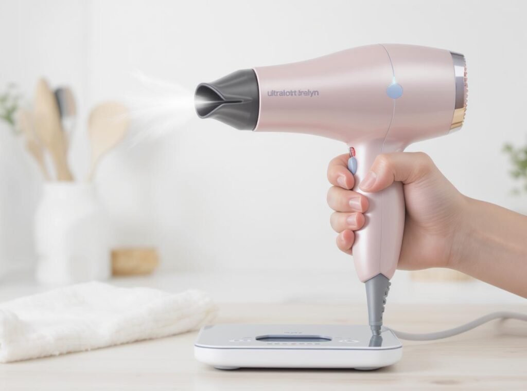 Child holding lightweight hair dryer under 450g for safe handling