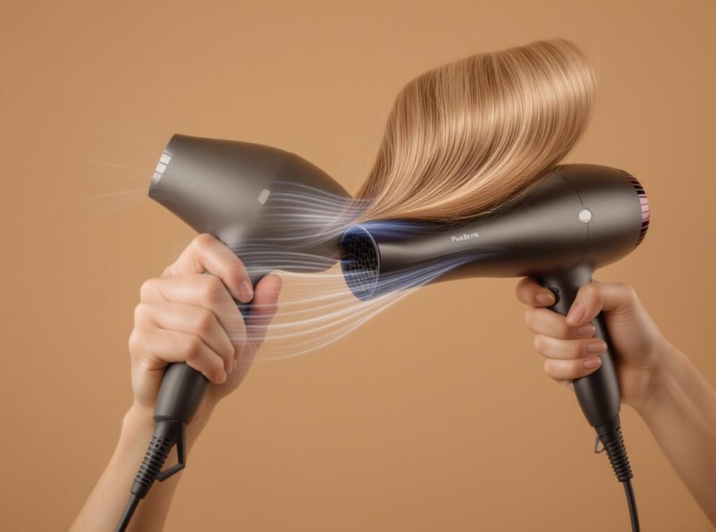 Proper hair dryer airflow direction pointing downward along hair shaft