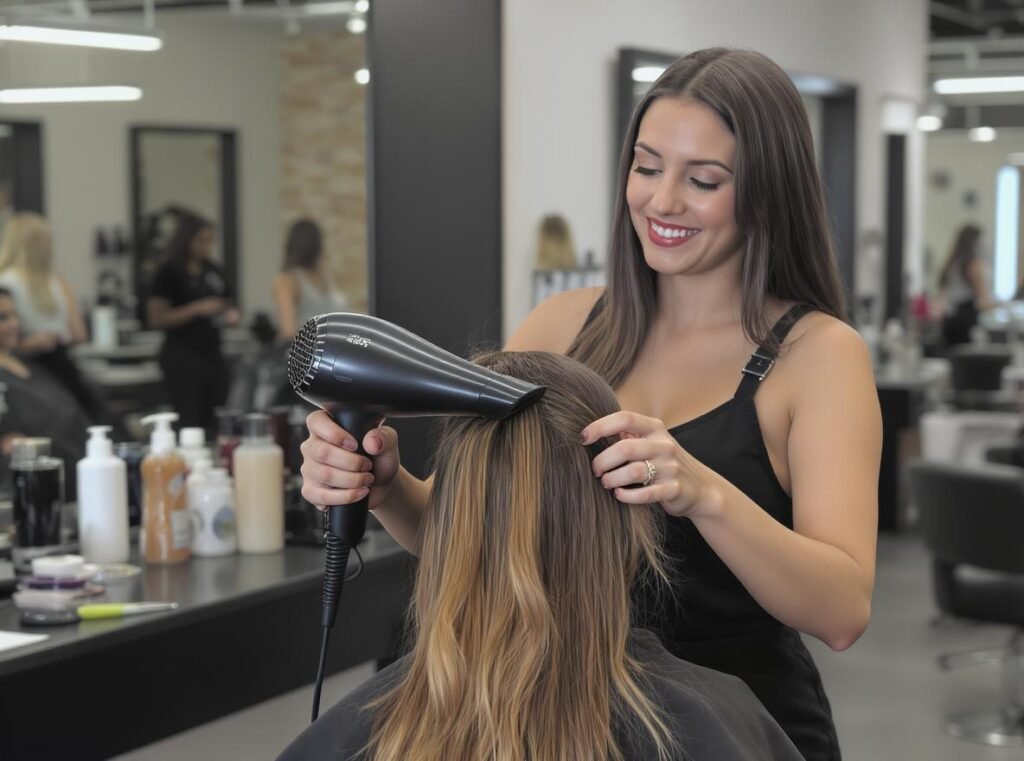 Professional hair stylist using ionic hair dryer in modern salon setting