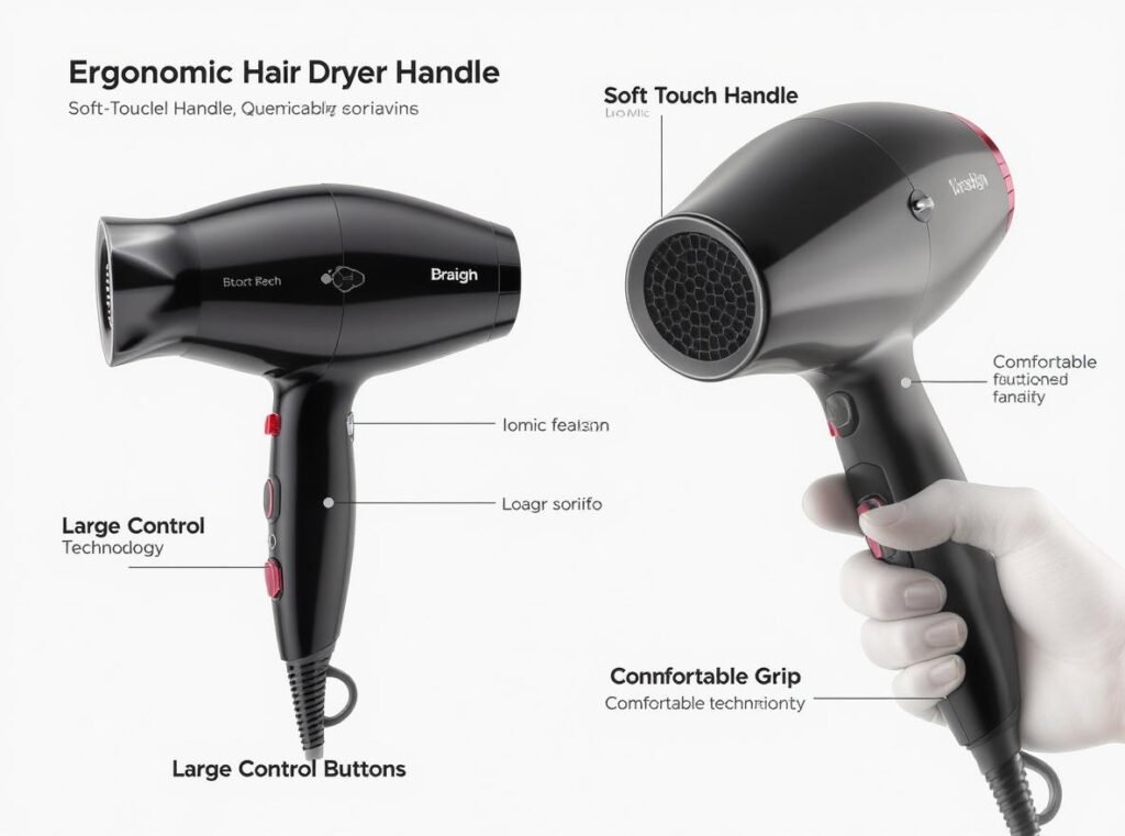 Ergonomic hair dryer showing key arthritis-friendly features