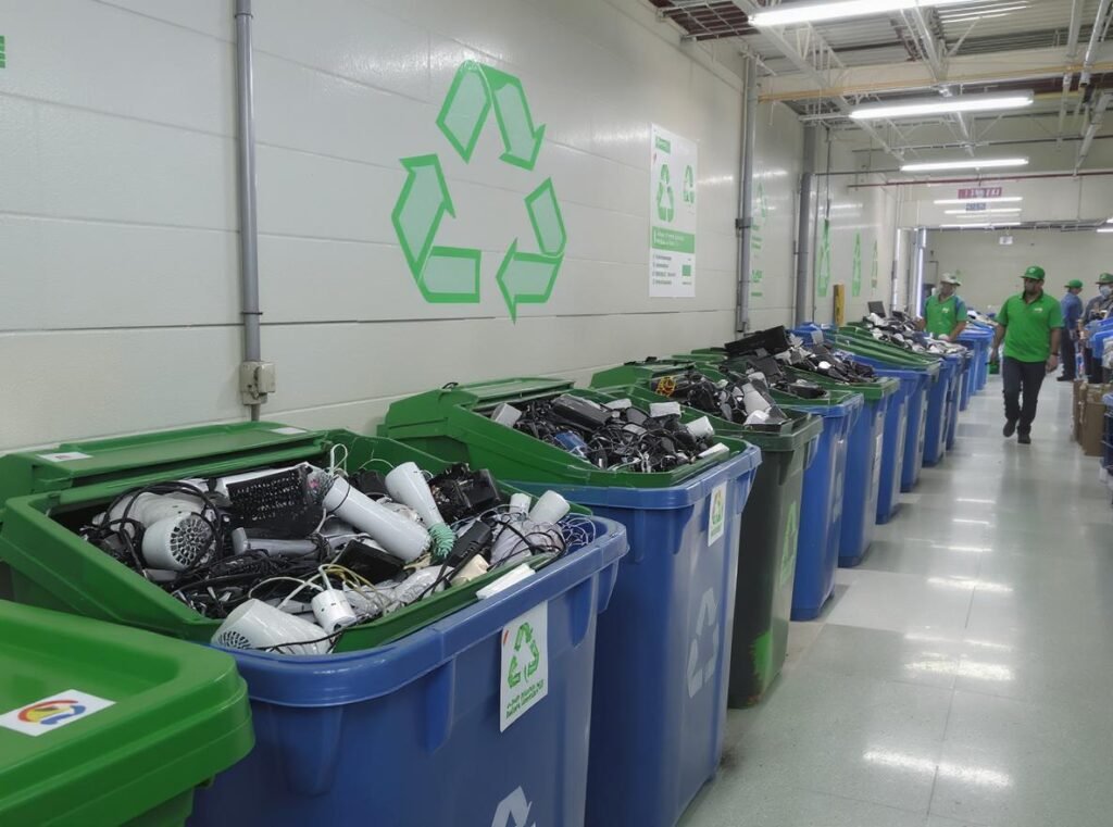 Electronic waste recycling center processing old hair dryers and small appliances