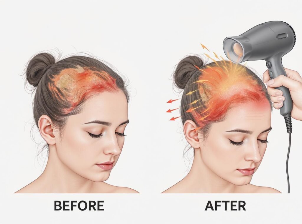 Medical illustration showing how heat triggers psoriasis flare-ups and scalp inflammation