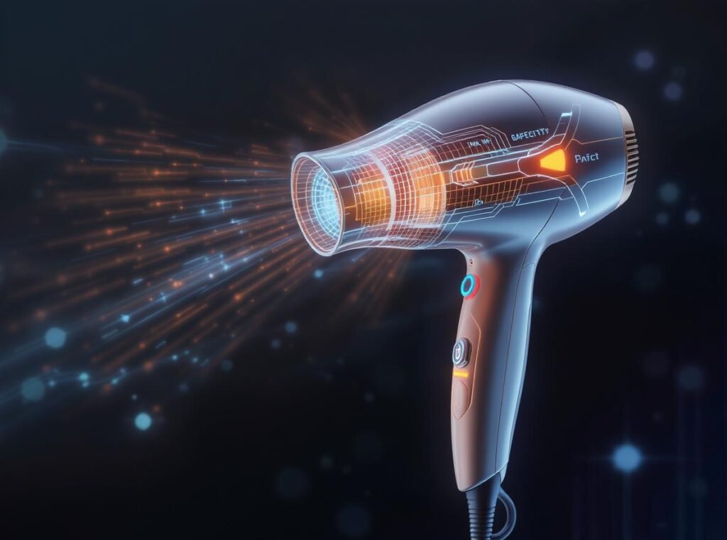 Smart hair dryer with proximity sensors automatically preventing overheating damage through heat adjustment