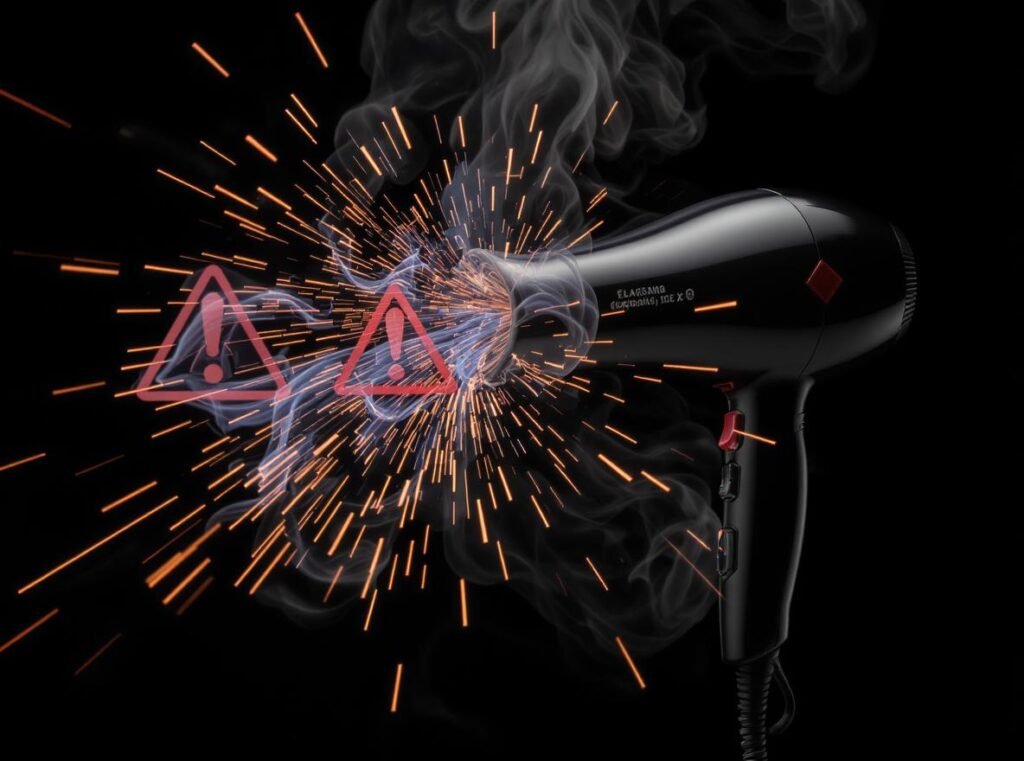 Dangerous hair dryer with sparks and smoke requiring immediate safety action