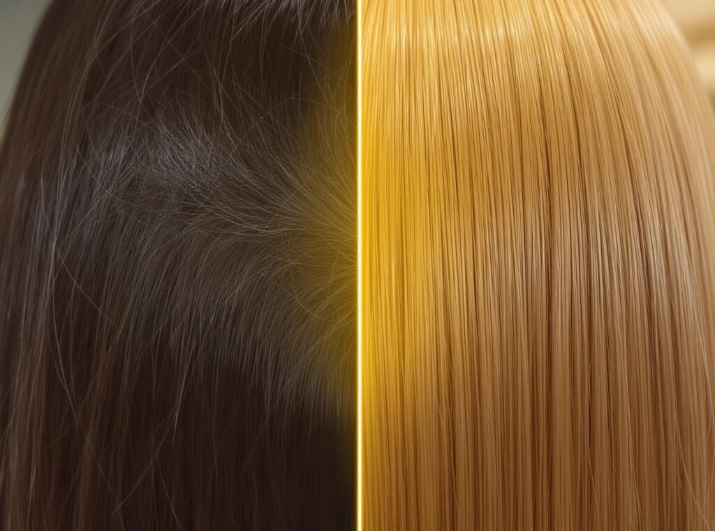 Comparison of damaged hair versus healthy hair protected by moisture-sensing dryers