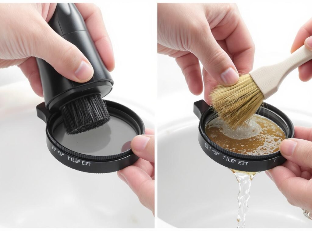 Step-by-step hair dryer filter cleaning process with before and after comparison