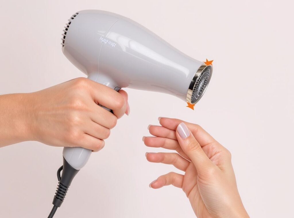 Step-by-step demonstration of proper hair dryer distance and technique for nail polish drying