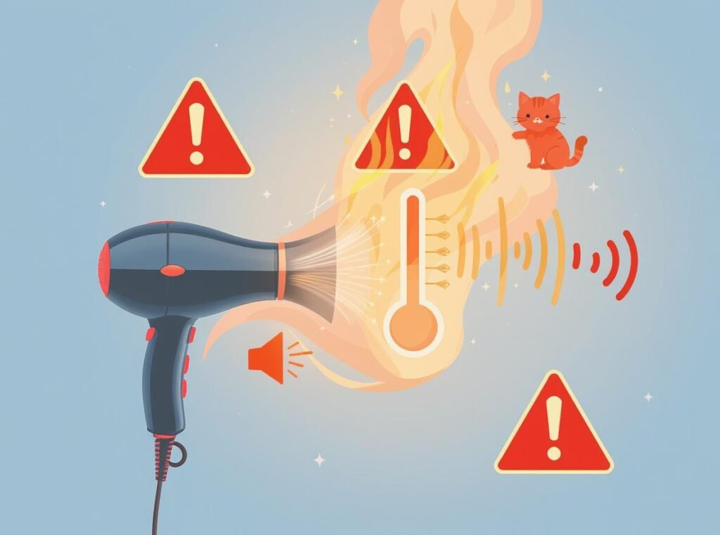 Warning infographic showing hair dryer risks for kittens including heat and noise
