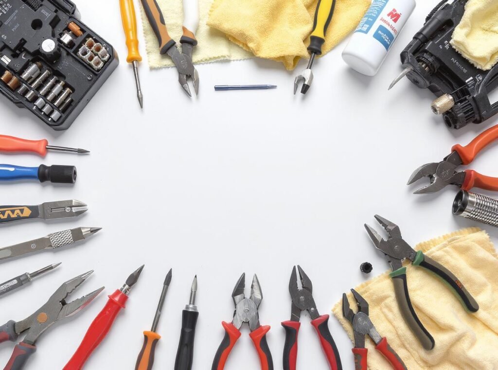 Essential tools for retractable cord repair laid out on white surface