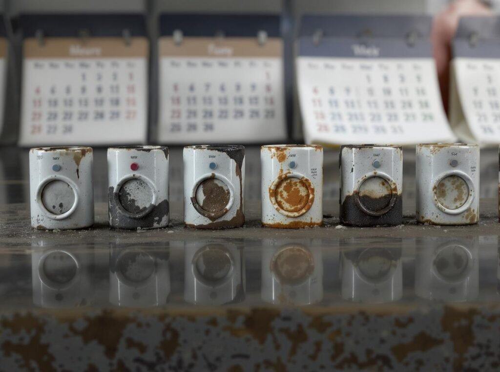 Timeline showing progressive water damage deterioration of hair dryer over weeks