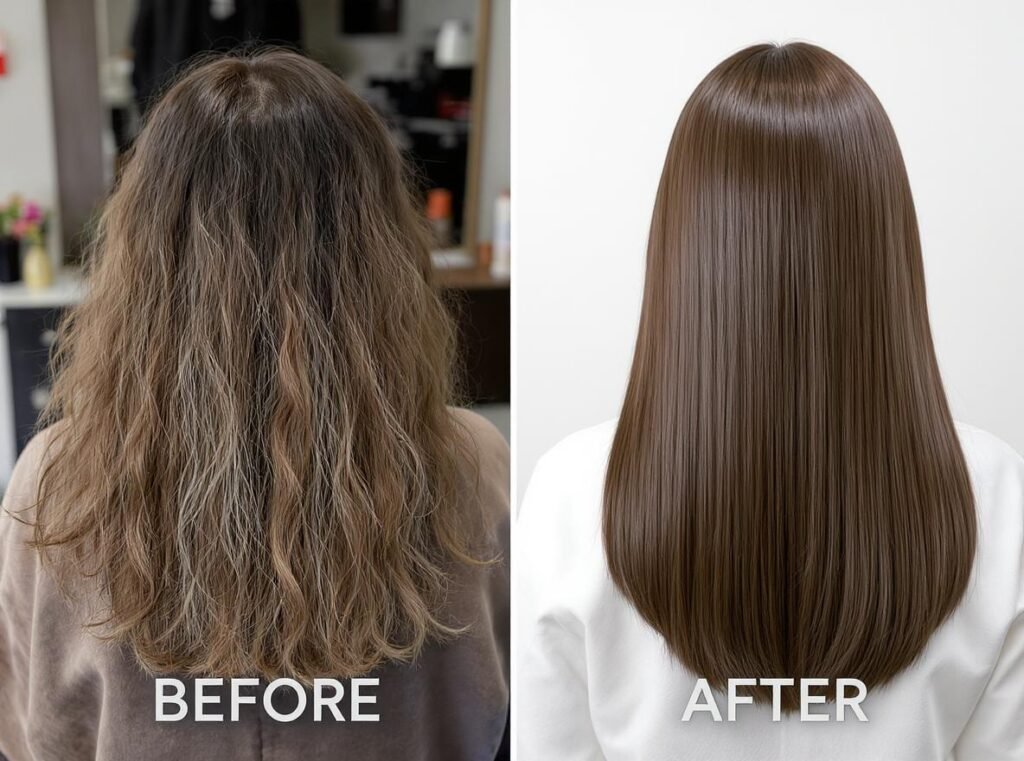 Hair health comparison showing damaged hair versus healthy hair after using quality hair dryer