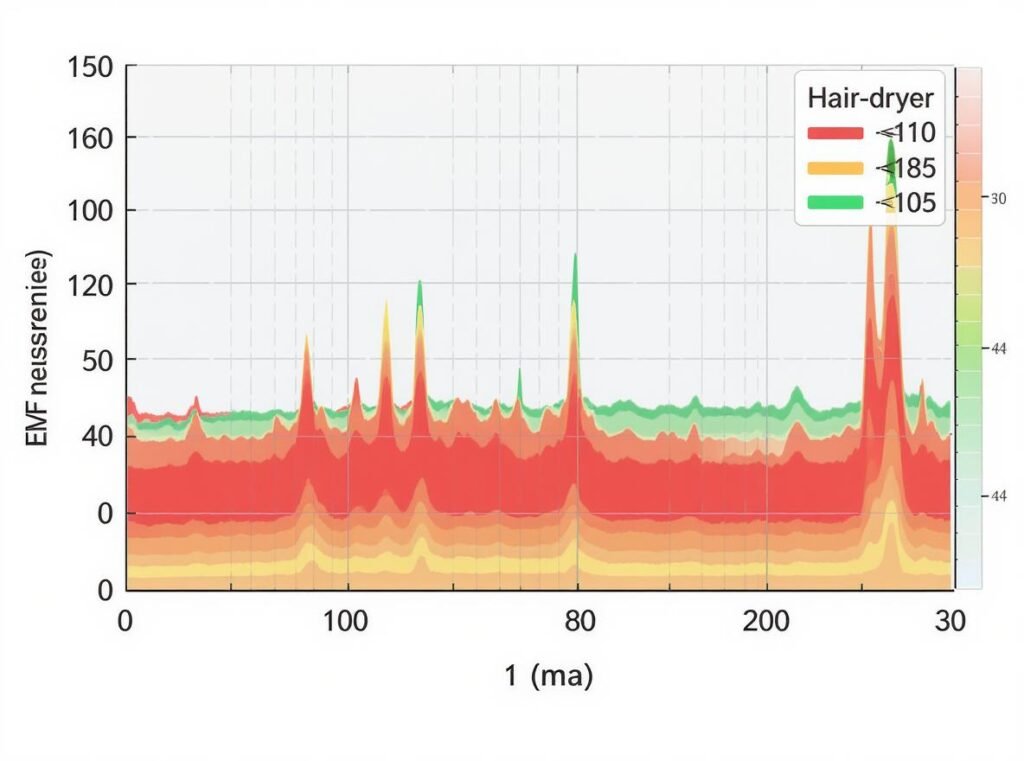 EMF measurement chart showing radiation levels at different distances from hair dryer