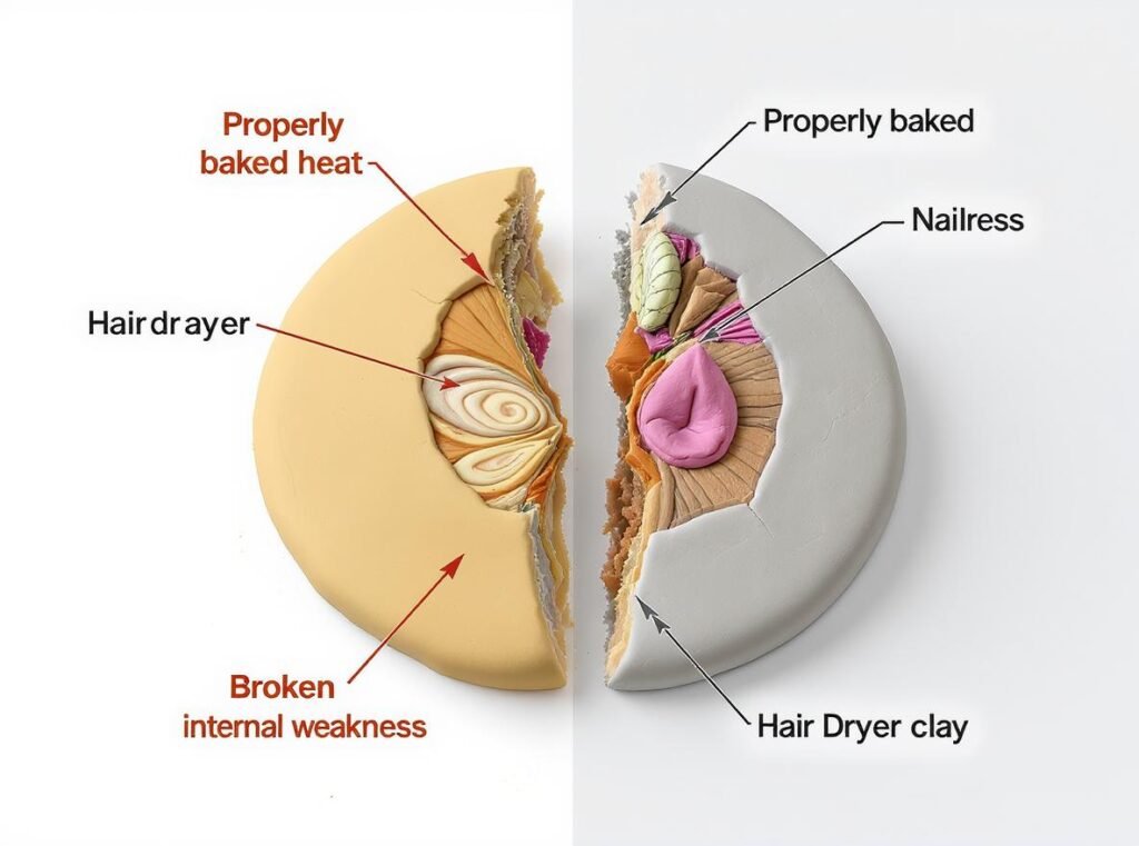 Broken polymer clay showing limitations of hair dryer heating method